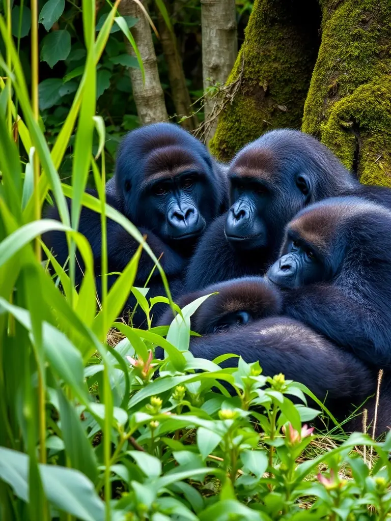A vibrant image capturing a family of mountain gorillas in Volcanoes National Park, Rwanda, with lush green vegetation in the background, showcasing a typical gorilla trekking experience.
