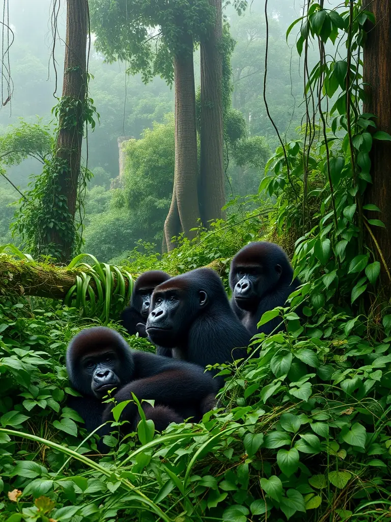 An image showcasing the dense, misty forests of Bwindi Impenetrable National Park, Uganda, with a focus on the gorillas' natural habitat.