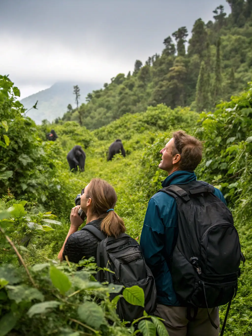 A family trekking through a lush rainforest in Uganda, observing gorillas in their natural habitat.