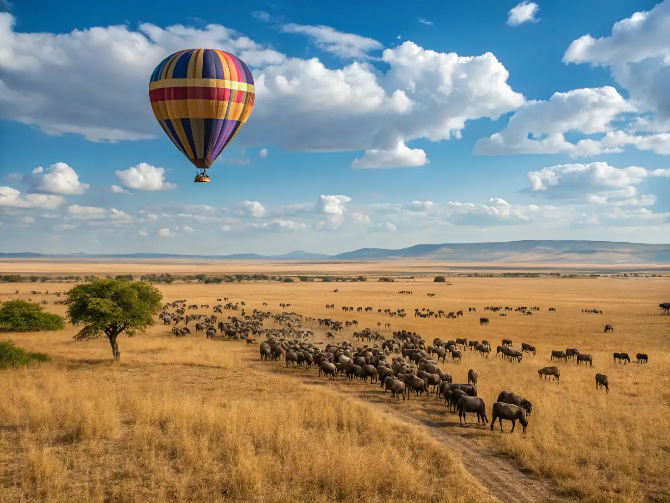 A vibrant image showcasing a hot air balloon safari over the Serengeti plains at sunrise, with diverse wildlife visible below.