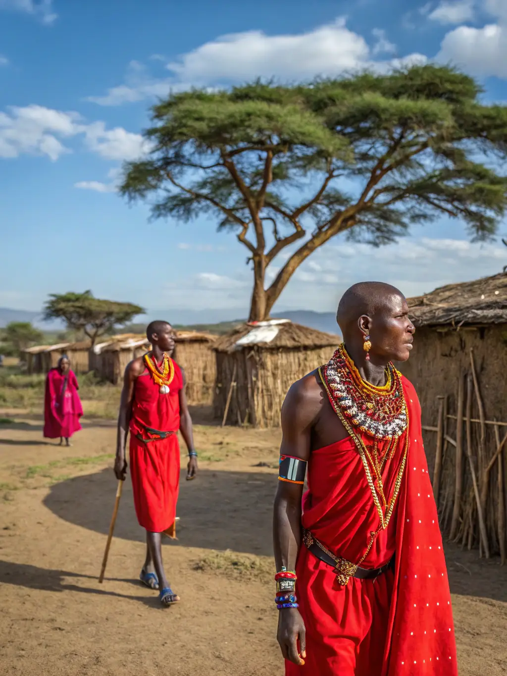 A group of tourists interacting with local Maasai villagers in Kenya, showcasing a cultural tour experience.