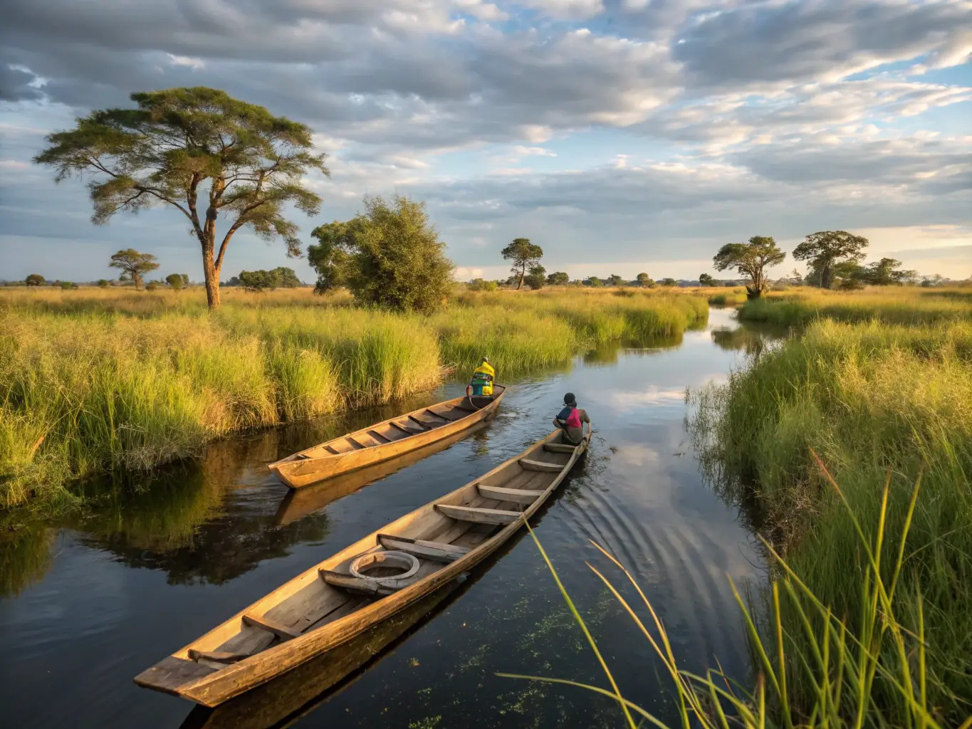 An aerial view of the Okavango Delta in Botswana, showing the intricate waterways and lush vegetation, teeming with wildlife.