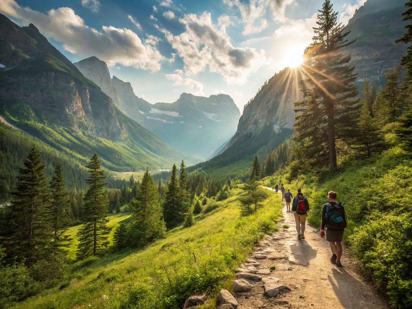 An adventurous image of hikers trekking through the lush rainforest of Uganda, with a glimpse of gorillas in the distance.