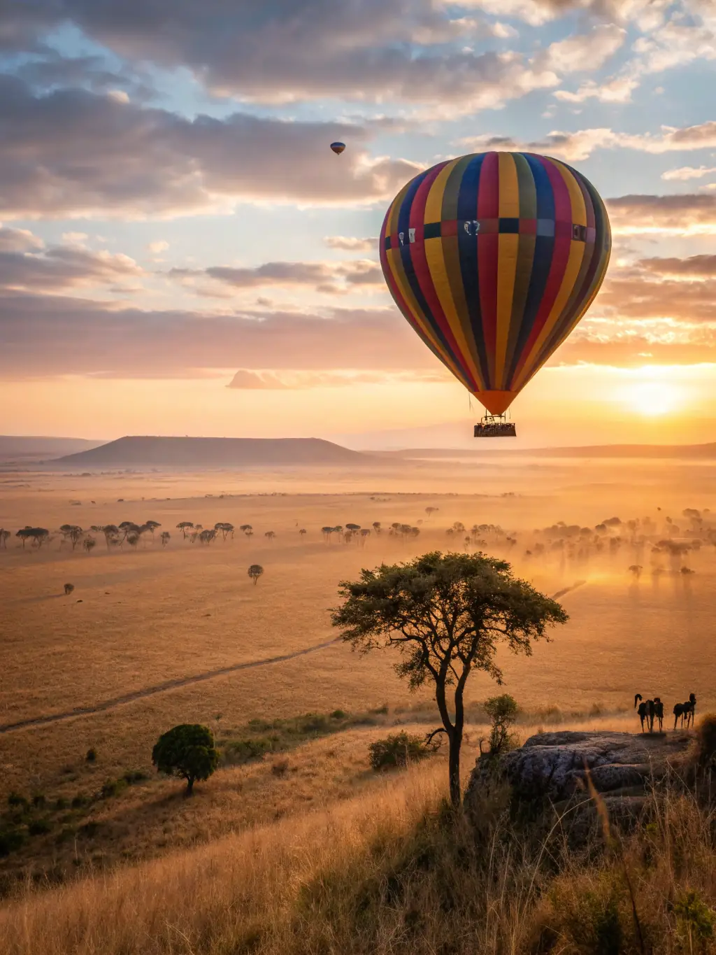 A hot air balloon floating over the vast landscapes of Namibia, showcasing the unique desert scenery.