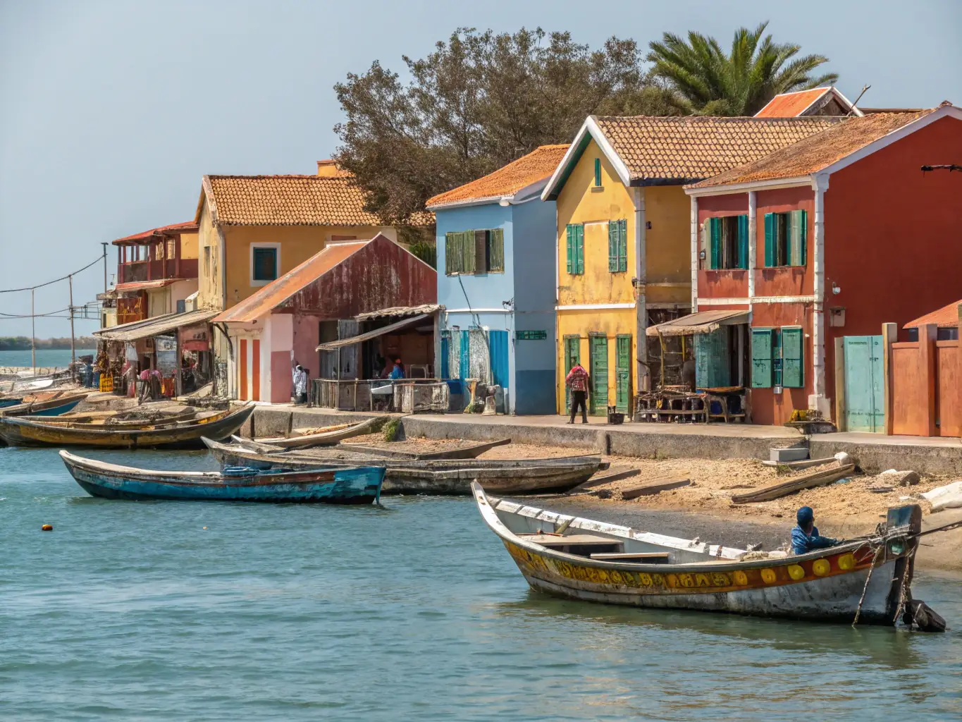 A picturesque view of Goree Island in Senegal, with its historic buildings, colorful fishing boats, and the Atlantic Ocean in the background. The image evokes a sense of history and reflection.