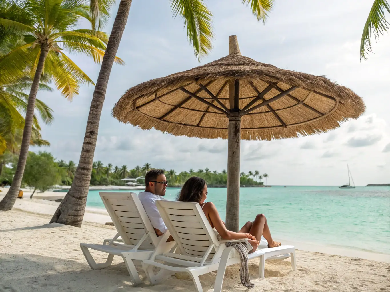 A serene image of a couple relaxing on a white-sand beach in Zanzibar, with turquoise waters and palm trees in the background.