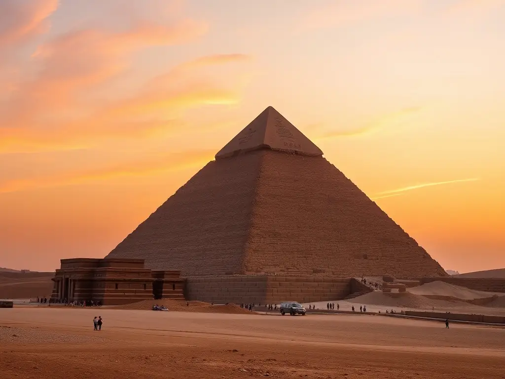 A high-angle shot capturing the majestic pyramids of Giza at sunset, with tourists exploring the base and camels resting nearby, showcasing Egypt's historical allure.