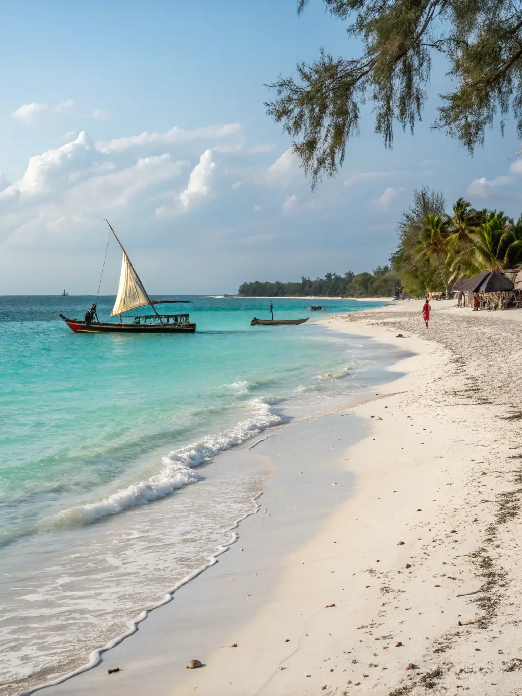 A pristine white-sand beach in Zanzibar, Tanzania, with turquoise waters and palm trees, representing a relaxing beach getaway.