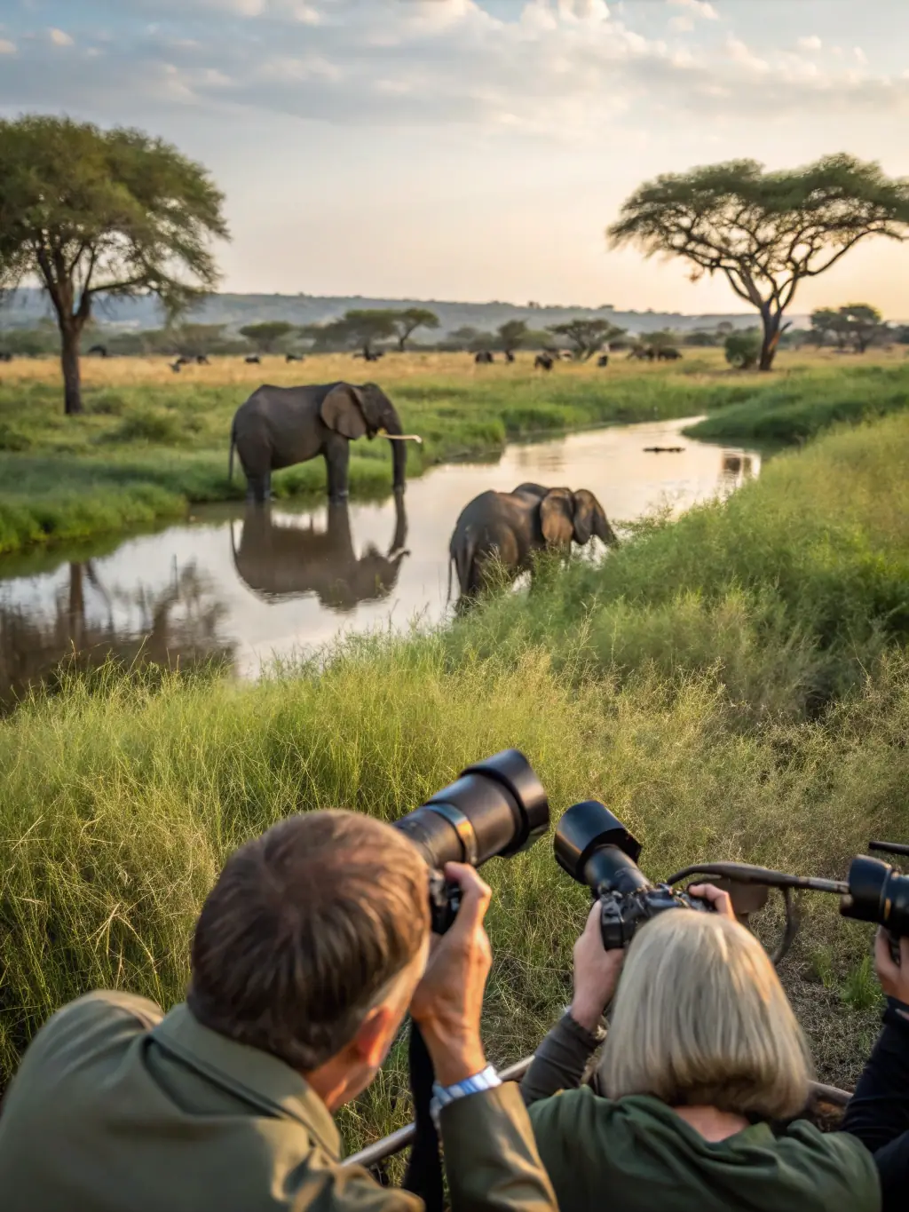 A group of tourists in safari gear taking pictures of elephants in Amboseli National Park, Kenya, with Mount Kilimanjaro in the background.