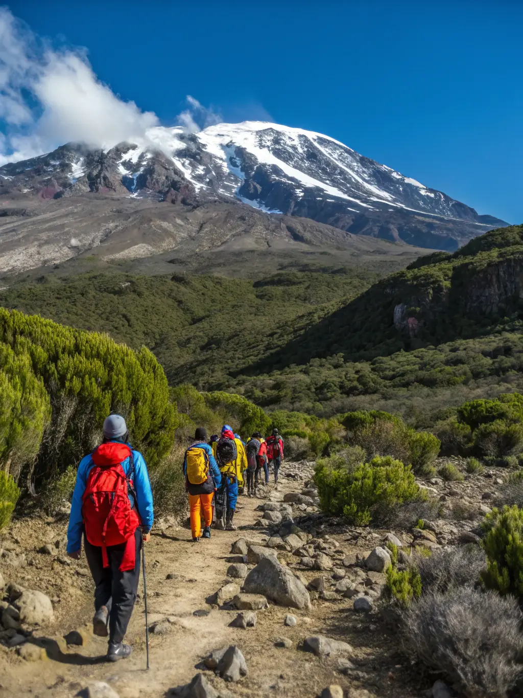 A scenic view of Mount Kilimanjaro in Tanzania, with hikers ascending the slopes, representing an adventure and trekking experience.