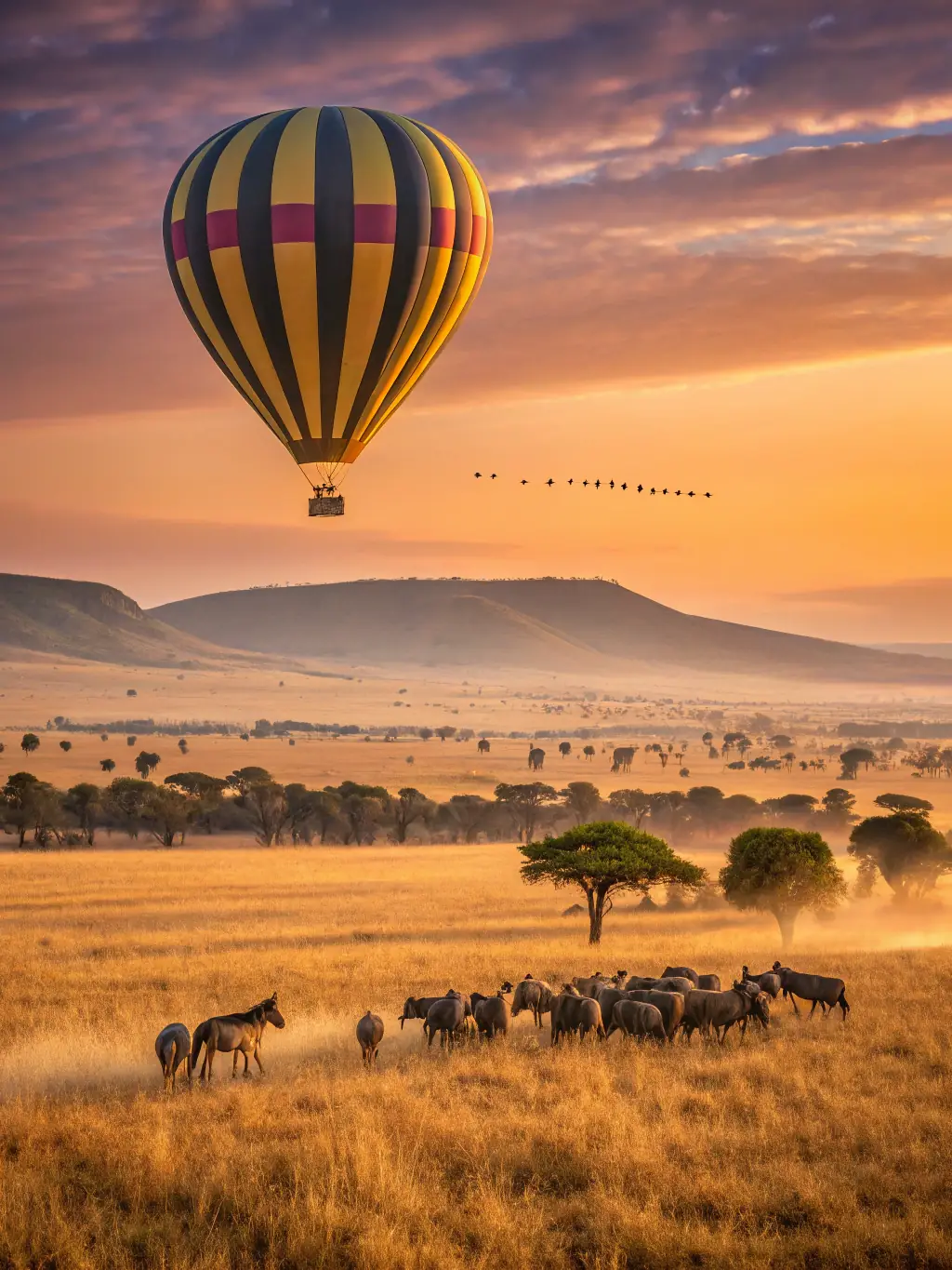 A vibrant image showcasing a Kenyan safari, with zebras grazing in the foreground and a hot air balloon rising in the distance, capturing the essence of wildlife adventure in Kenya.