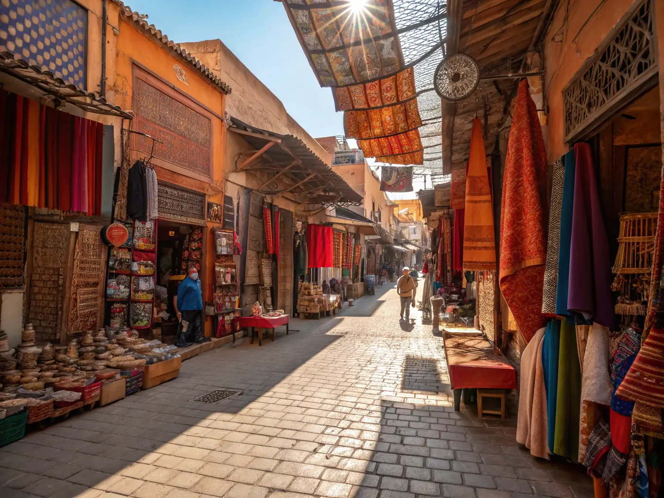A vibrant image of a bustling marketplace in Marrakech, Morocco, filled with colorful spices, traditional crafts, and local vendors, showcasing the cultural richness of the country.