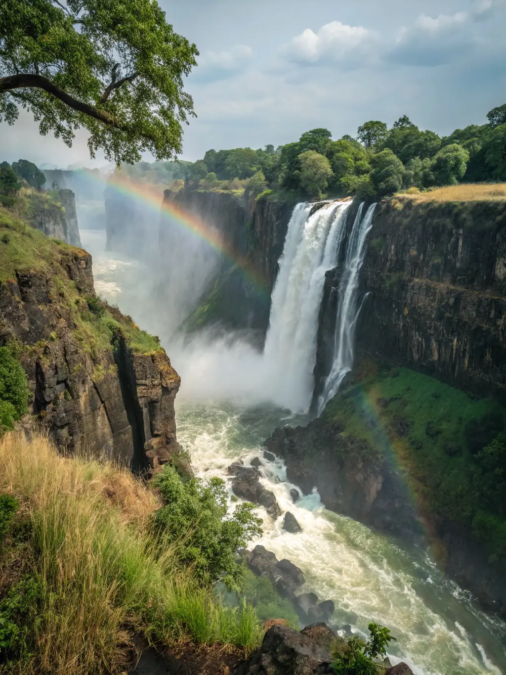 An aerial view of Victoria Falls in Zambia/Zimbabwe, showcasing the majestic waterfall and the surrounding lush greenery, symbolizing the natural beauty of Southern Africa.