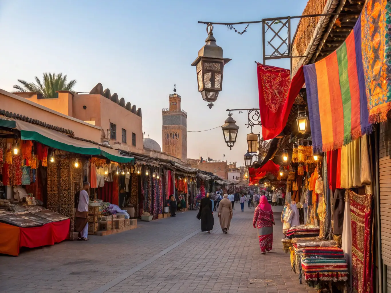 A vibrant image of a bustling marketplace in Marrakech, Morocco, filled with colorful spices, textiles, and traditional crafts, capturing the essence of Moroccan culture.