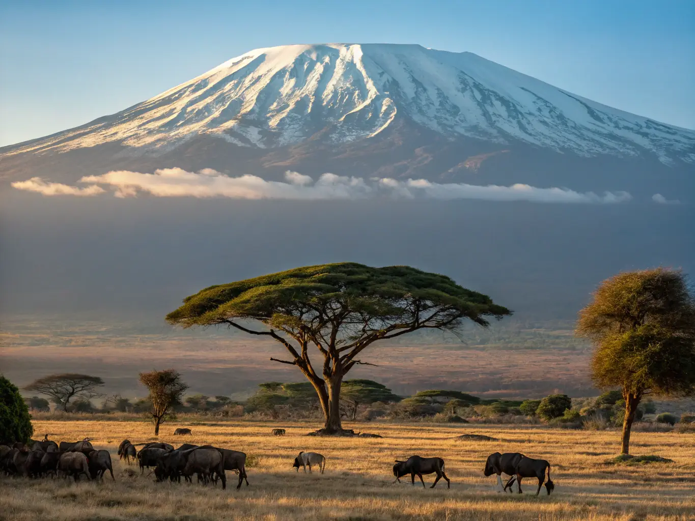 A vibrant image showcasing the diverse landscapes of East Africa, featuring the Serengeti plains with wildlife and Mount Kilimanjaro in the background.