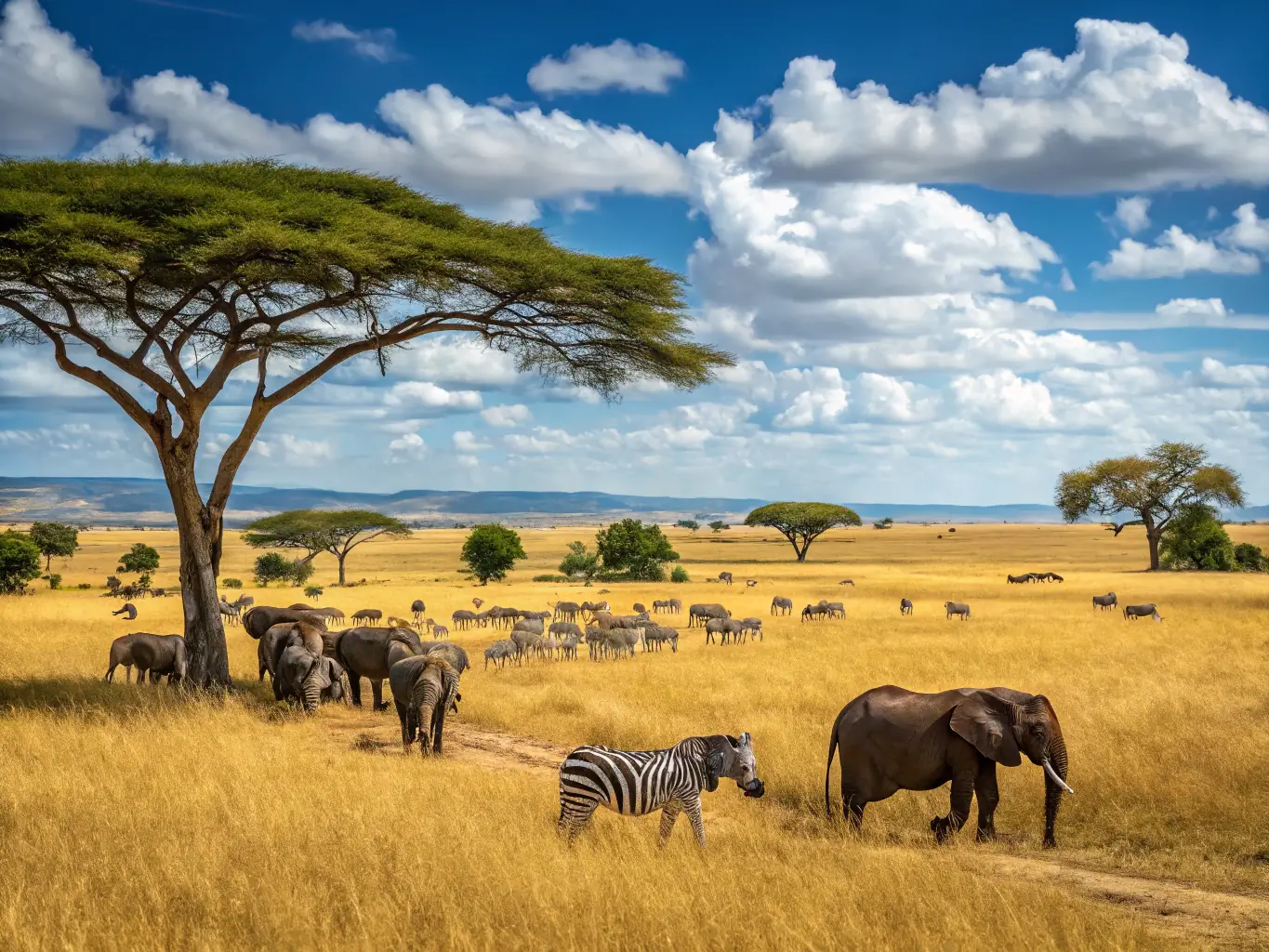 A vibrant image capturing the excitement of a wildlife safari in the Serengeti, Tanzania, with zebras and wildebeests grazing in the foreground and a hot air balloon drifting in the distance.