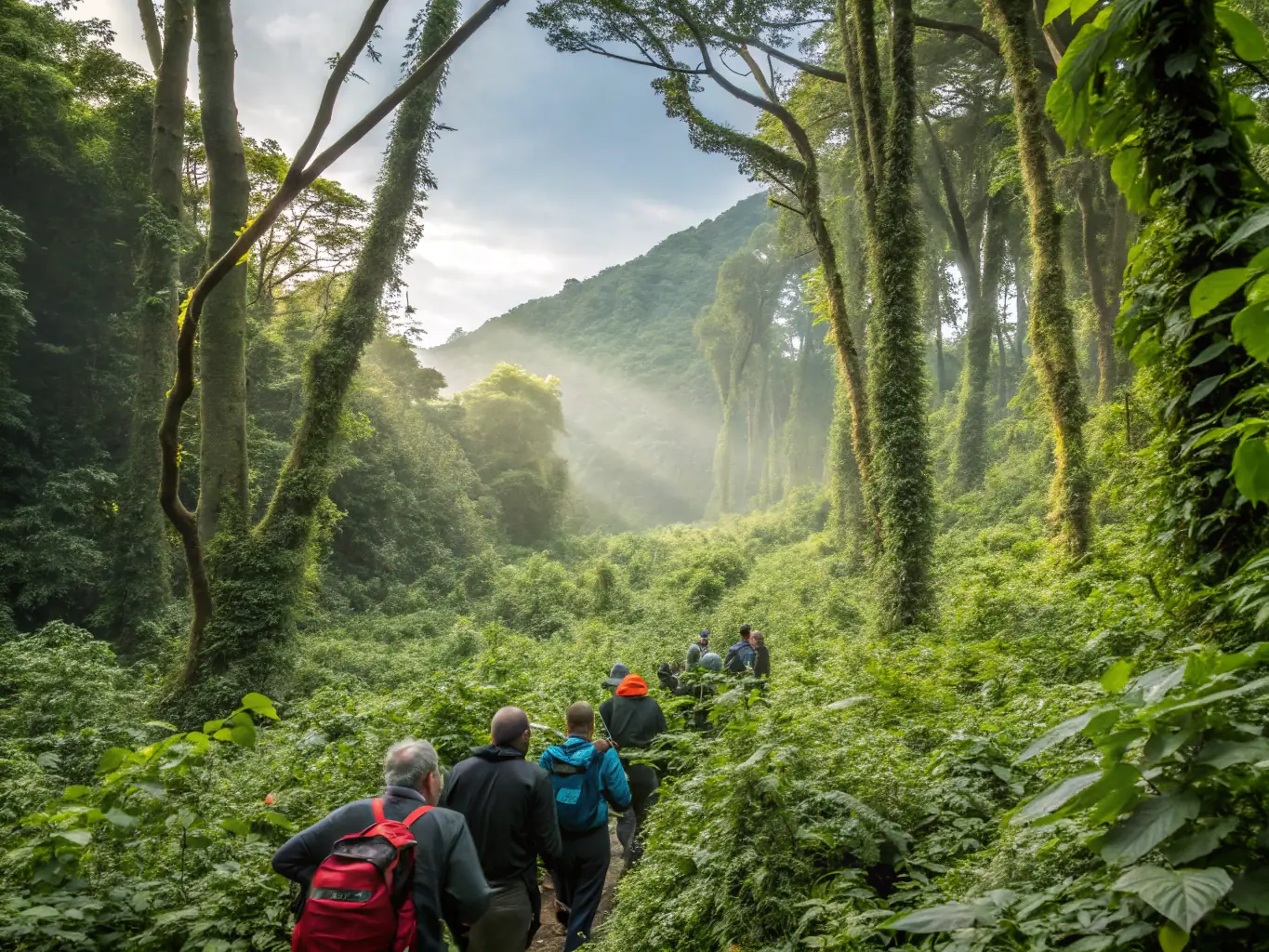 A captivating image of tourists observing a family of gorillas in their natural habitat in the lush forests of Uganda or Rwanda.