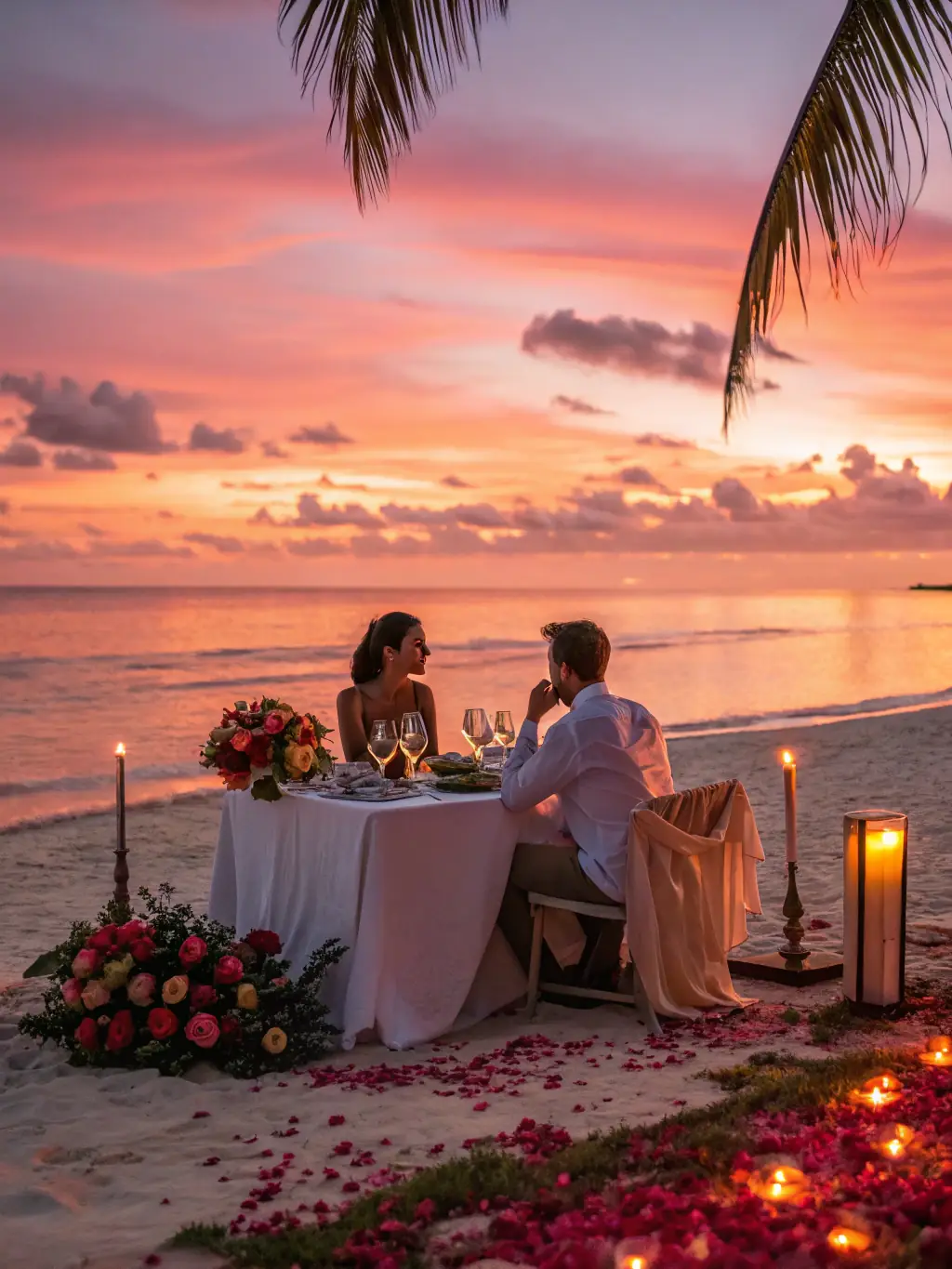 A couple enjoying a romantic sunset dinner on a white sandy beach in Zanzibar, Tanzania.