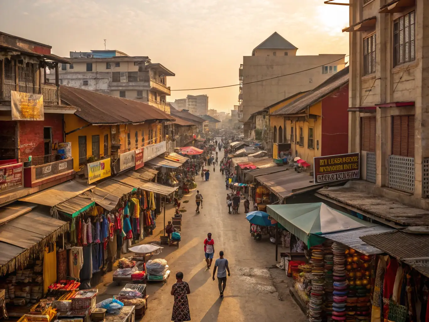 A vibrant street scene in Accra, Ghana, showcasing colorful buildings, bustling markets, and local vendors selling crafts and food. The image captures the energy and cultural richness of the city.