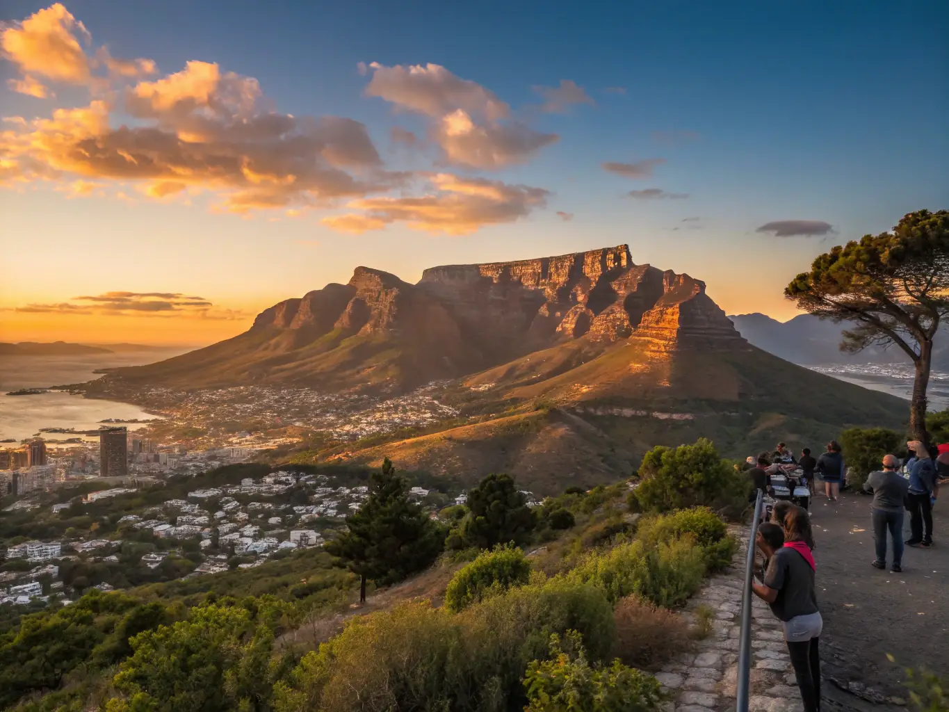 A panoramic shot of Cape Town, South Africa, showcasing Table Mountain and the city skyline at sunset, capturing the vibrant urban landscape and natural beauty.