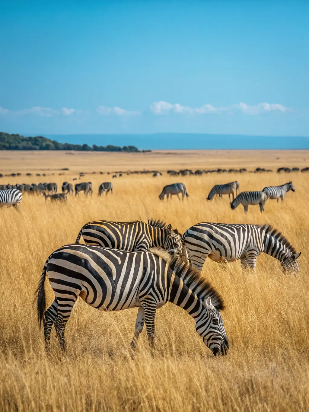 A stunning photograph of a safari in the Serengeti, Tanzania, with zebras grazing in the foreground and a vast African landscape in the background, representing East African wildlife adventures.