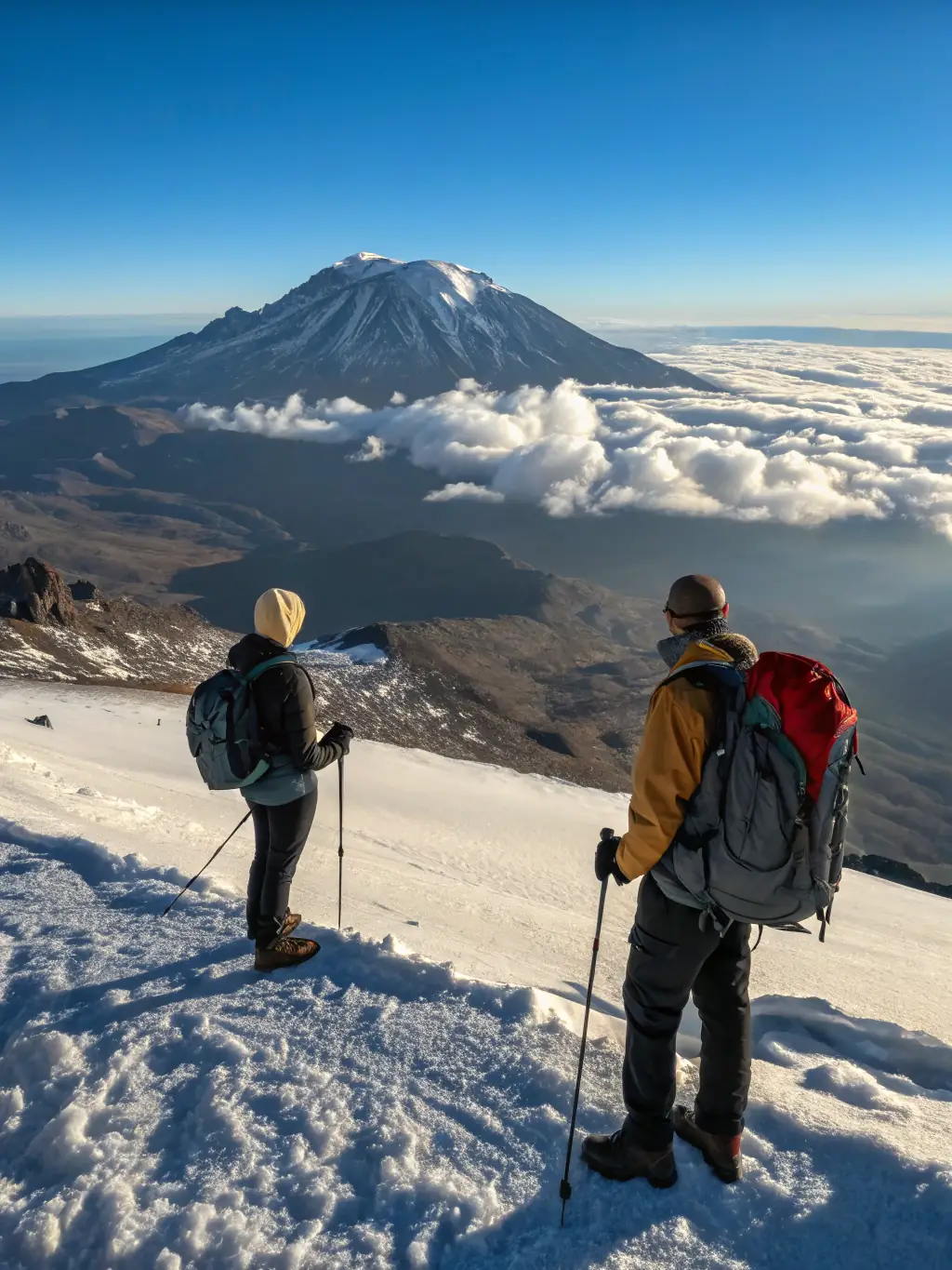 A serene photo of Mount Kilimanjaro at sunrise, with a foreground featuring the vast plains of the Serengeti in Tanzania, highlighting the country's natural beauty.