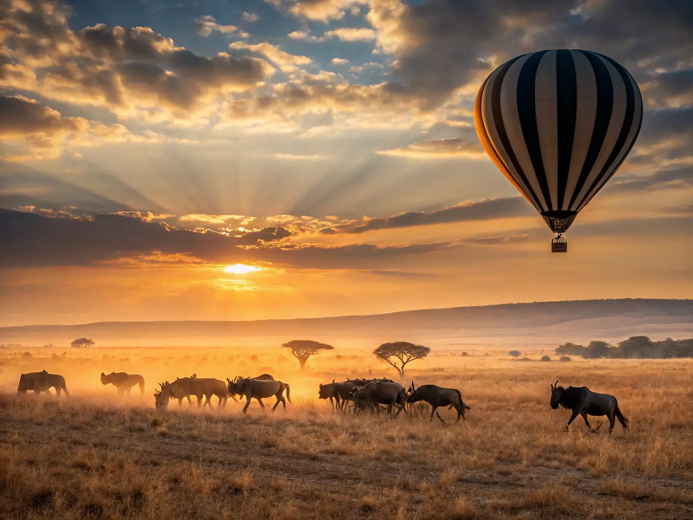 A vibrant image showcasing the Serengeti plains in Tanzania, with a hot air balloon drifting over herds of wildebeest during the Great Migration, capturing the essence of East African safaris.