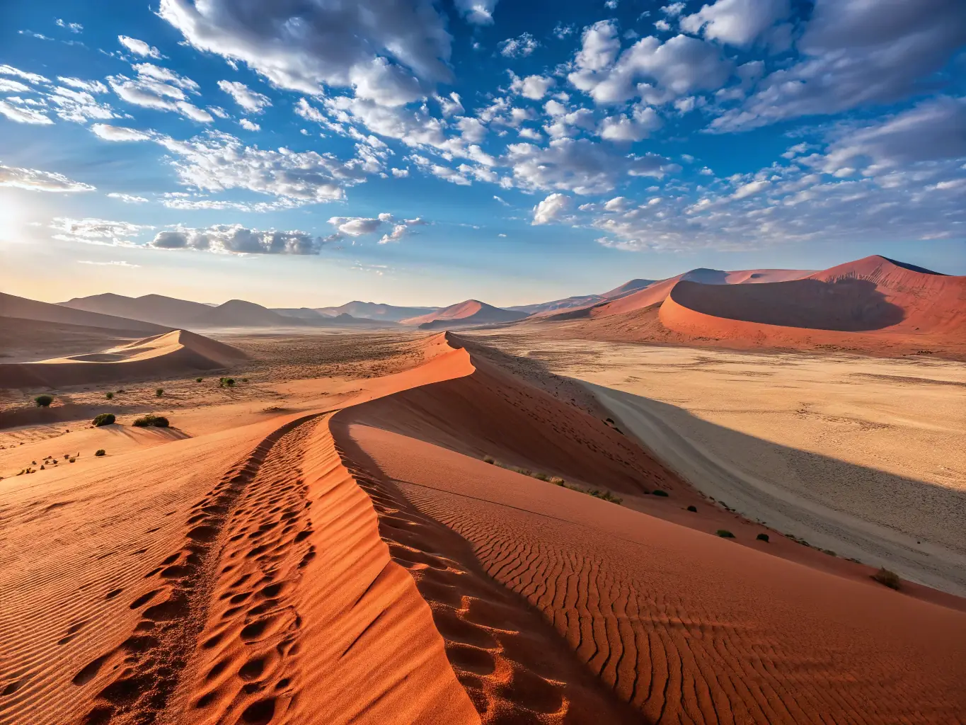 A striking image of the Namib Desert in Namibia, featuring towering sand dunes and the stark contrast of colors at sunrise.